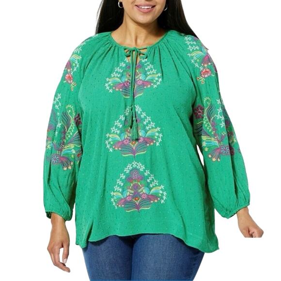 One World Green Multicolor Embroidered Bohemian Flowy Peasant Blouse Size 1X - Picture 1 of 7
